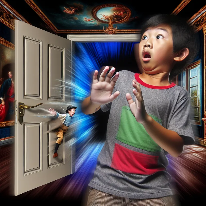 Jongen krijgt een klap op het hoofd van een dichtvallende deur in een prachtige Barokkamer