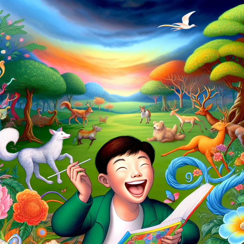 Een jonge jongen reciteert vrolijk een kort rijmend gedicht in een levendig natuurlijke omgeving met dieren en bloemen.