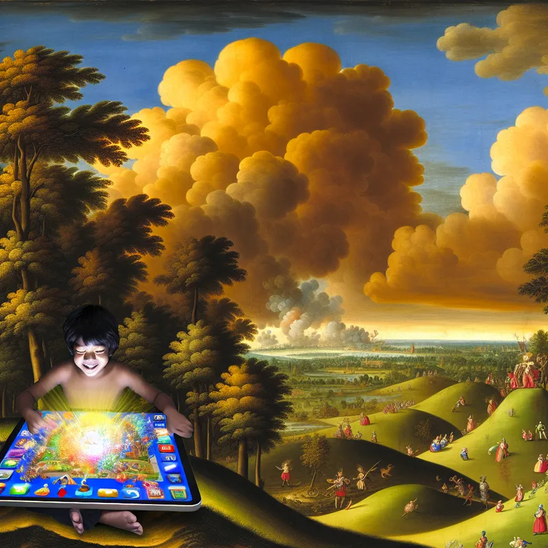 Jongen speelt een fantasiespel op een gloeiende tablet in een 17e-eeuws Nederlands landschap in de stijl van Jacob van Ruisdael