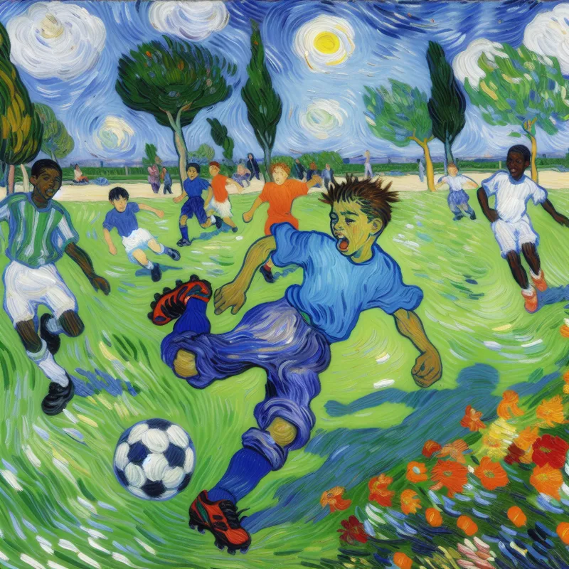 Een jonge jongen in een blauw voetbalshirt die enthousiast een voetbal trapt met vrienden in een zonnig park.