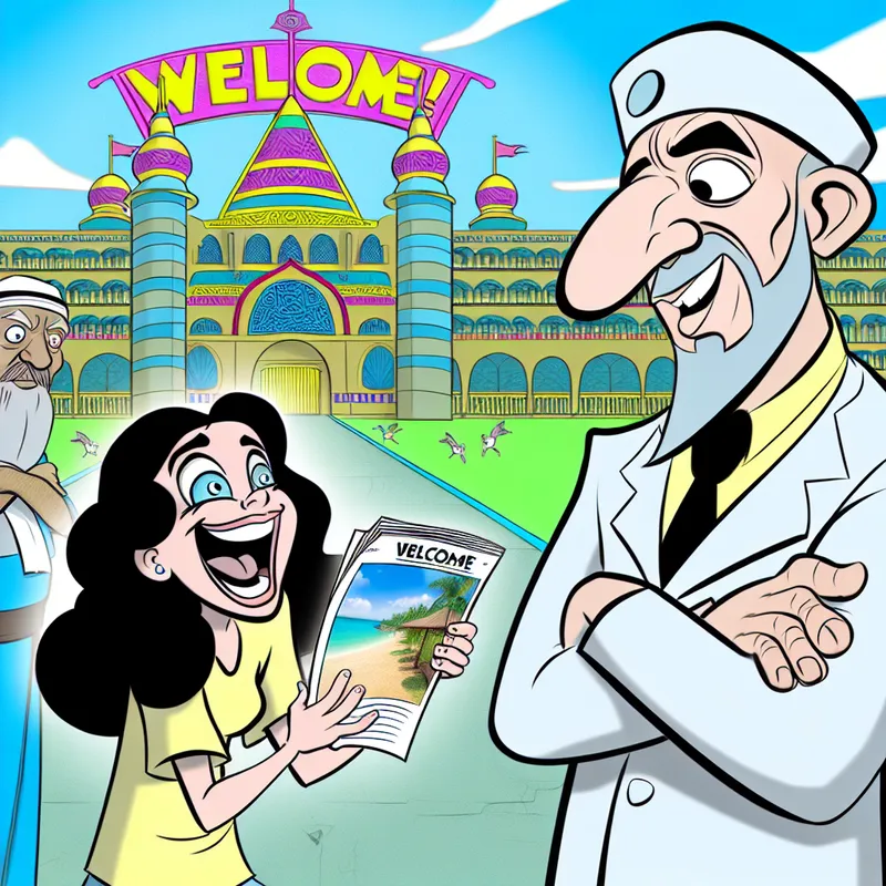 Een jonge vrouw met een opgewonden uitdrukking vraagt toestemming aan een oudere beveiligingsagent voor toegang tot een kleurrijk gebouw, terwijl ze een vakantiebrochure vasthoudt.