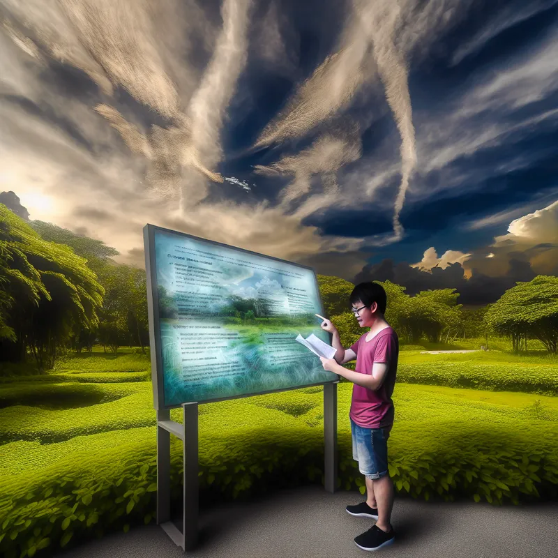 Jonge persoon leest aandachtig een informatief bord in een groen park onder een dramatische lucht.