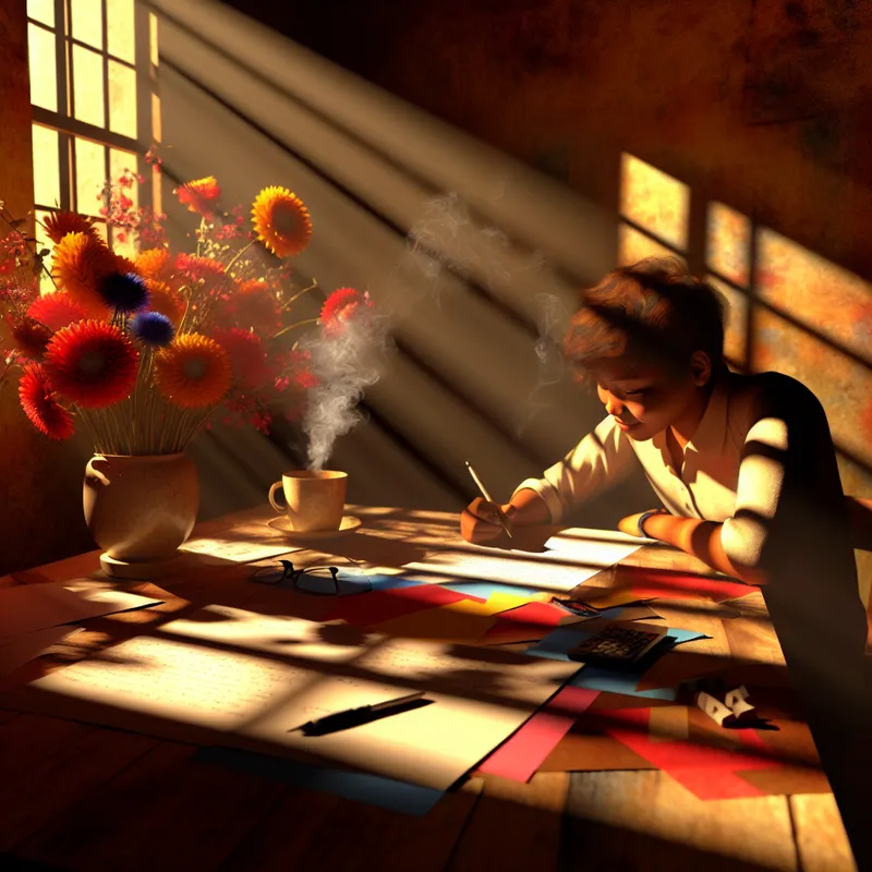 Een jong persoon schrijft vrolijk een informele boodschap op een bureau vol met kleurrijke bloemen, omringd door een koffie kopje en papieren. Het zachte licht valt door het raam.