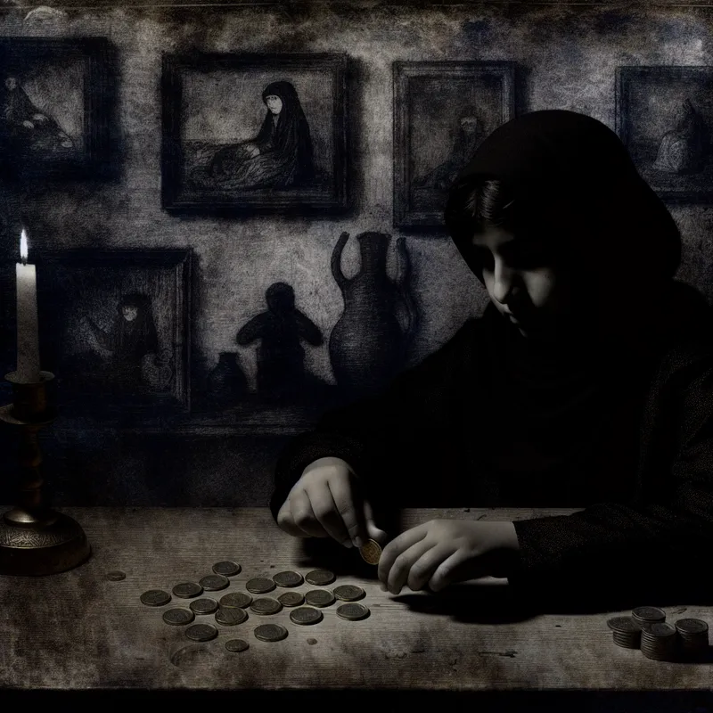 Jonge persoon telt kleine munten aan een rustiek houten tafel in een somber verlichte omgeving.