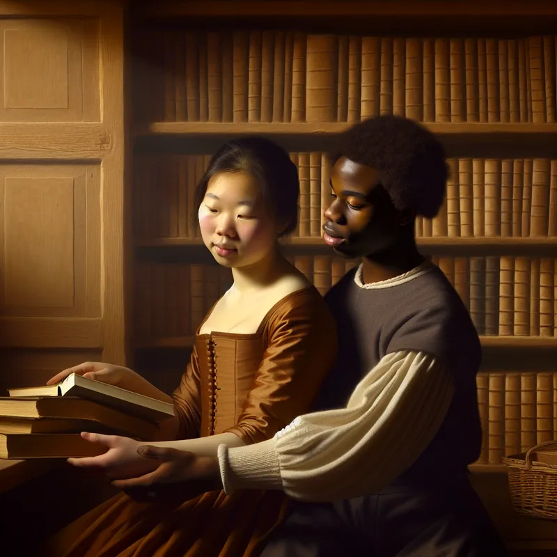 Twee jongeren wisselen boeken uit in een rustige studeerkamer met zacht licht