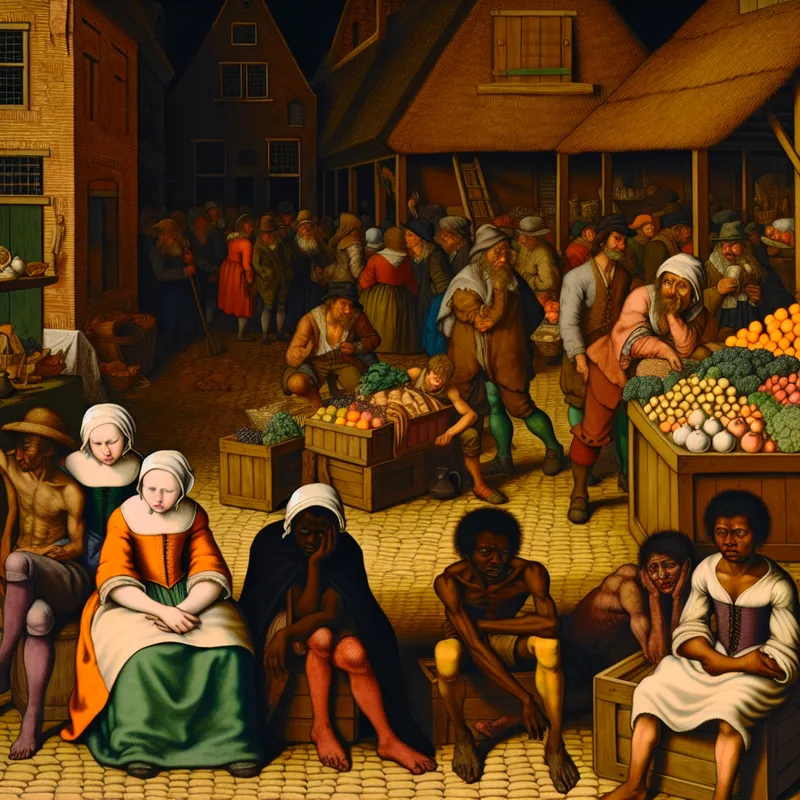 Een groep jonge mensen in een dorpsplein die er hongerig uitziet terwijl ze naar overvloedig voedsel in een markt staren.