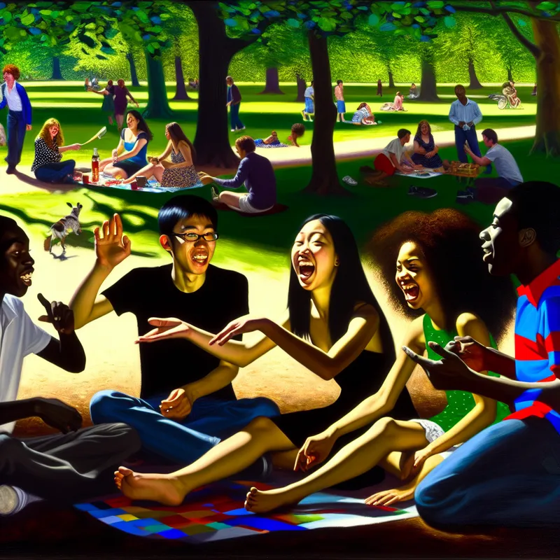 Groep jongeren in een park die samen lachen en praten op een deken onder groene bomen.