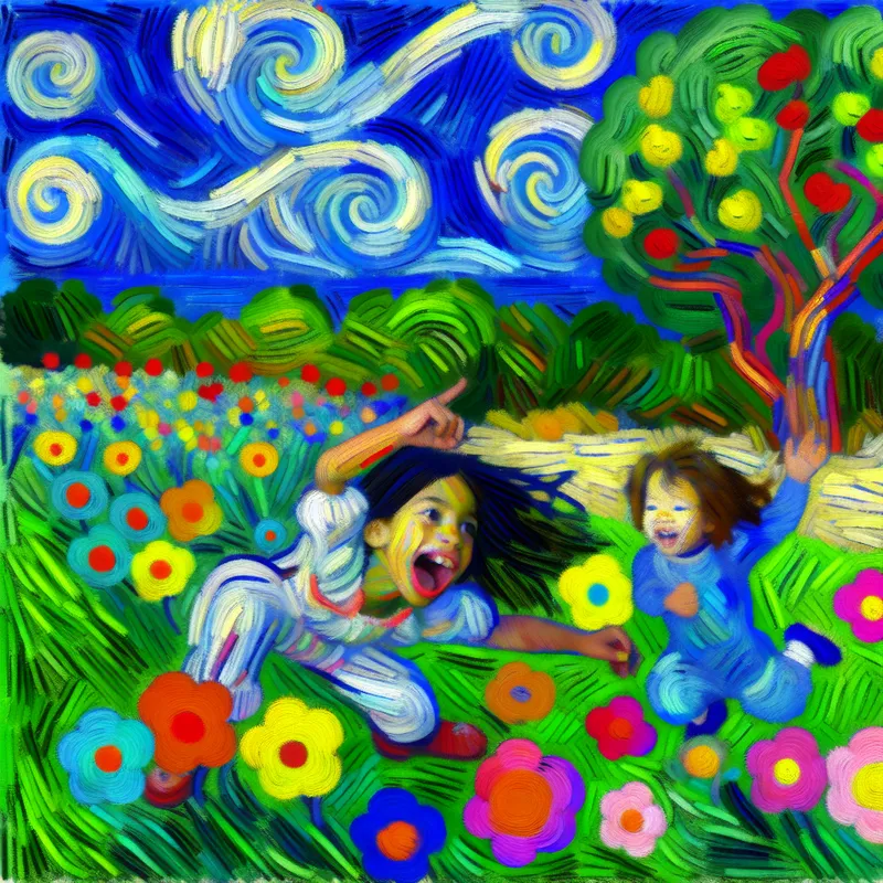 Twee jonge meisjes spelen vrolijk in een kleurrijke tuin vol bloemen en groen gras, met een blauwe lucht op de achtergrond