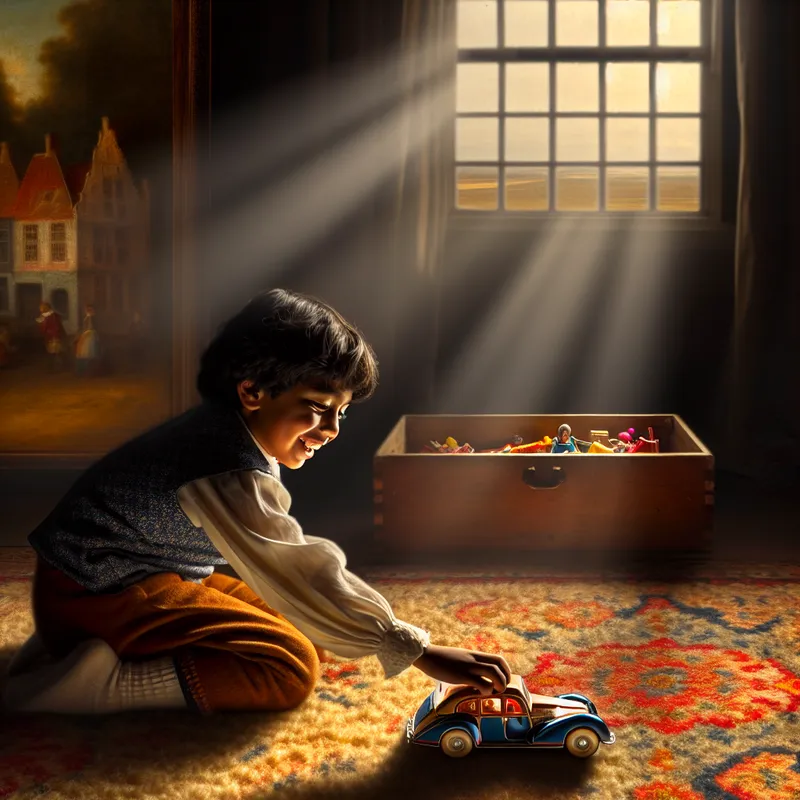 Een jonge jongen knielt op een zacht tapijt en speelt geconcentreerd met een modelauto met een gedetailleerd stuur.