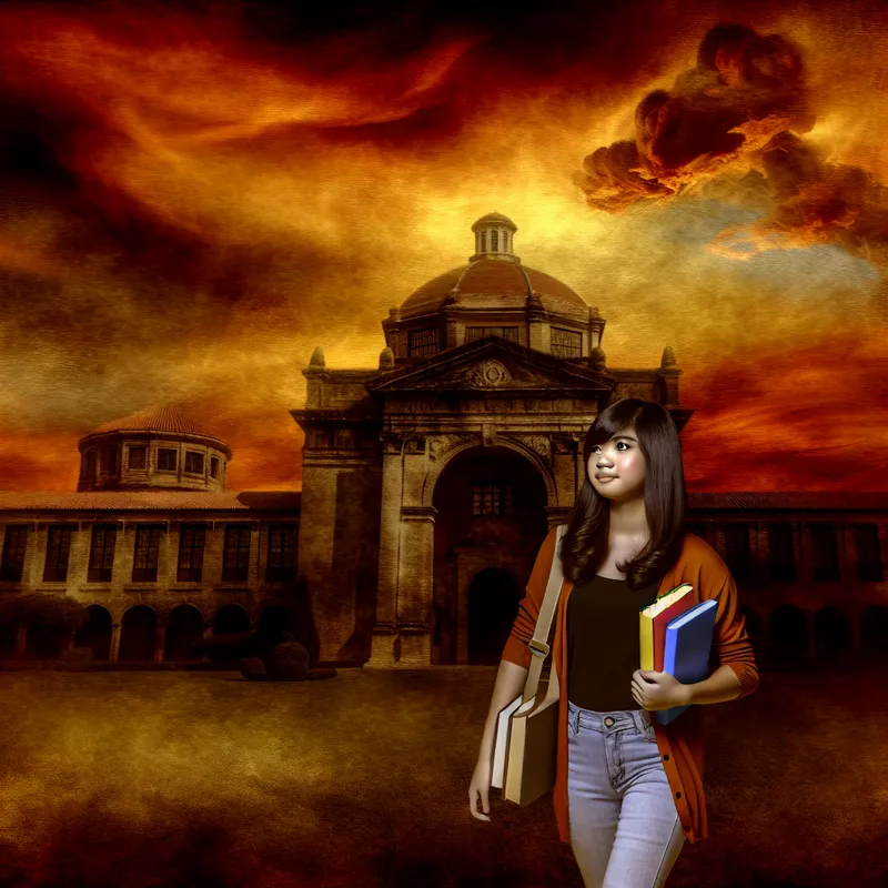 Jonge volwassene wandelt zelfverzekerd naar universiteit met boeken in de hand onder een dramatische zonsondergang.