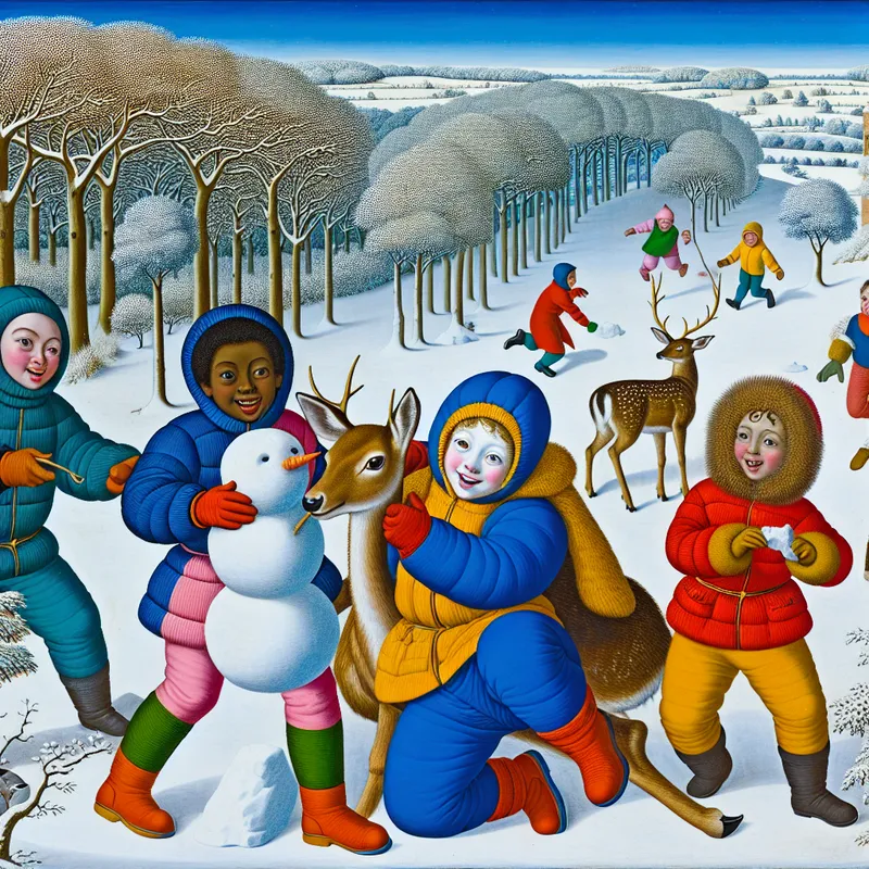 Jong hert speelt in de sneeuw met kinderen in winterkleding