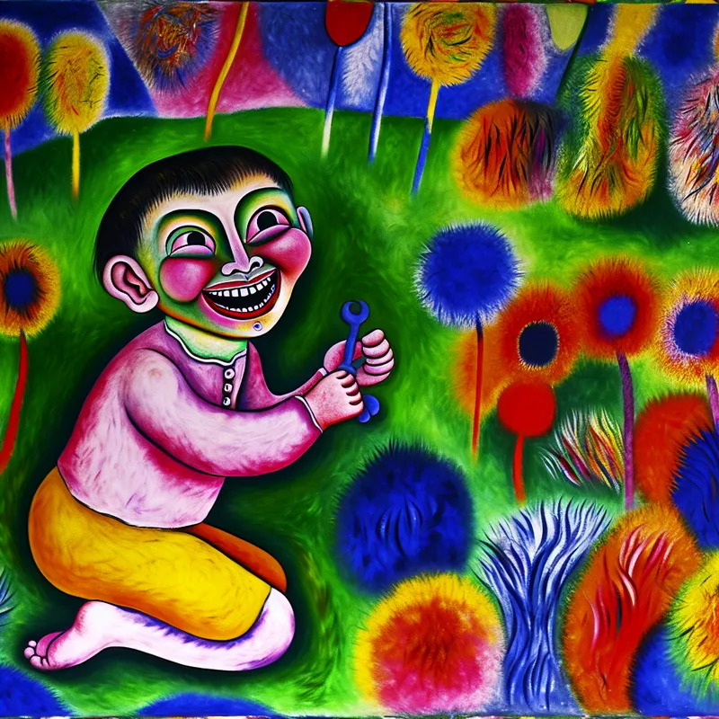 Jongentje speelt vrolijk met een speelgoedje in een kleurrijke tuin vol abstracte vormen van bloemen en gras.