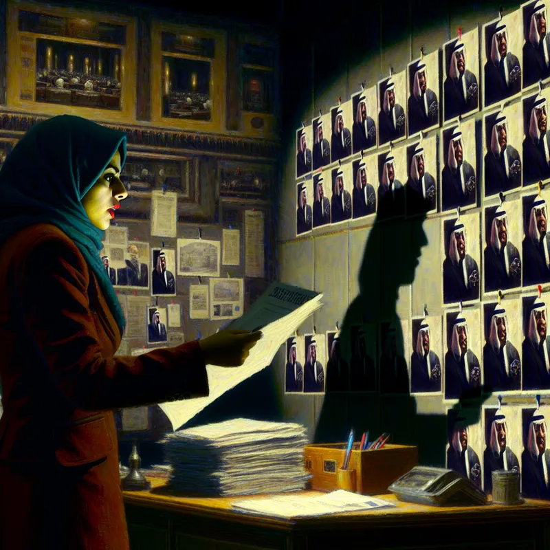 Hyperrealistisch beeld van een journalist die sceptisch overheidsdocumenten onderzoekt in een slecht verlicht kantoor.