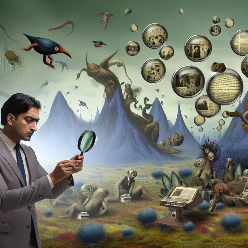 Surrealistische afbeelding van een journalist die bizarre wezens en symbolische voorwerpen onderzoekt, in de stijl van Hieronymus Bosch.