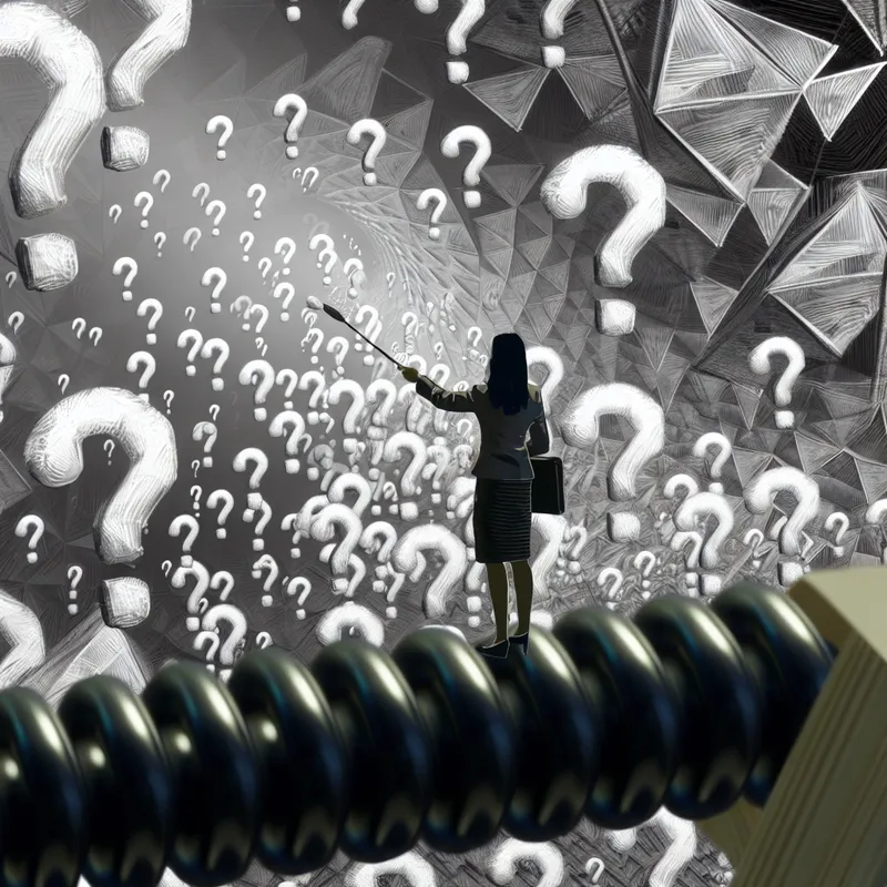 Surrealistische Escher-achtige voorstelling van een journalist die scherpe vragen afvuurt op een politicus in een optische illusie van geometrische patronen