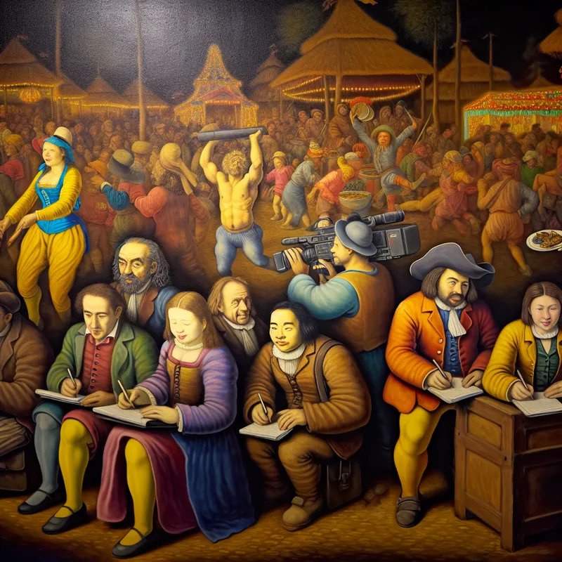 Diverse groep journalisten die verslag doen van een levendig festival, met notitieboekjes en microfoons.