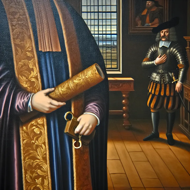 17e-eeuwse Nederlandse rechtszaal met rechter die een vergulde wetrol vasthoudt, symboliserend juridische bevoegdheid en gezag