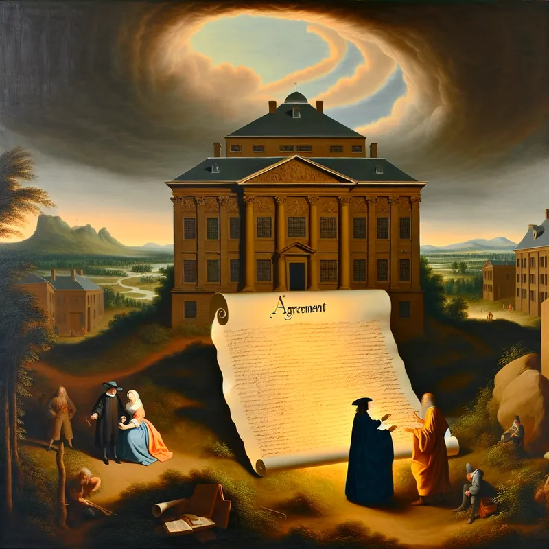 Twee figuren in serieuze bespreking voor een oud gerechtshof, met een verlicht document over de overeenkomst.