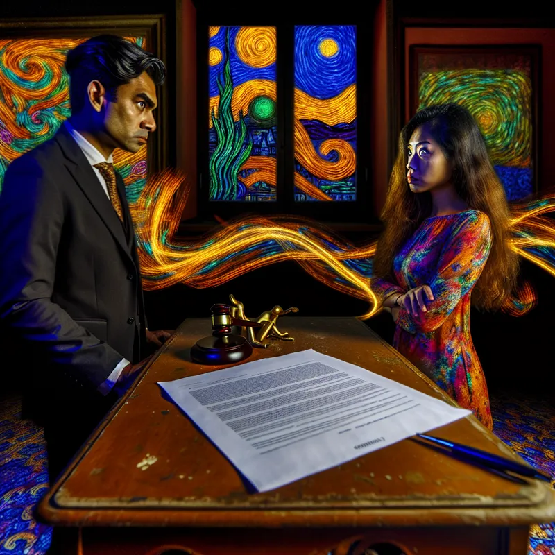 Twee personen in een sfeervol verlichte kamer, tegenover elkaar bij een houten tafel met een contract ertussen.