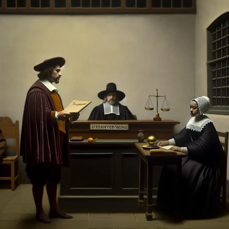 17e-eeuwse Nederlandse rechtszaal met advocaat die een document met 'schadevergoeding' aanbiedt aan een rechter, geschilderd in de stijl van Vermeer
