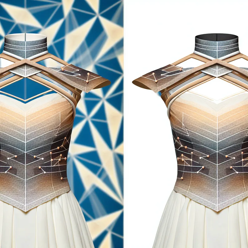 Elegante jurk met een ingewikkelde 'bras' kraag, versierd met geometrische patronen en surrealistische elementen geïnspireerd door M.C. Escher.