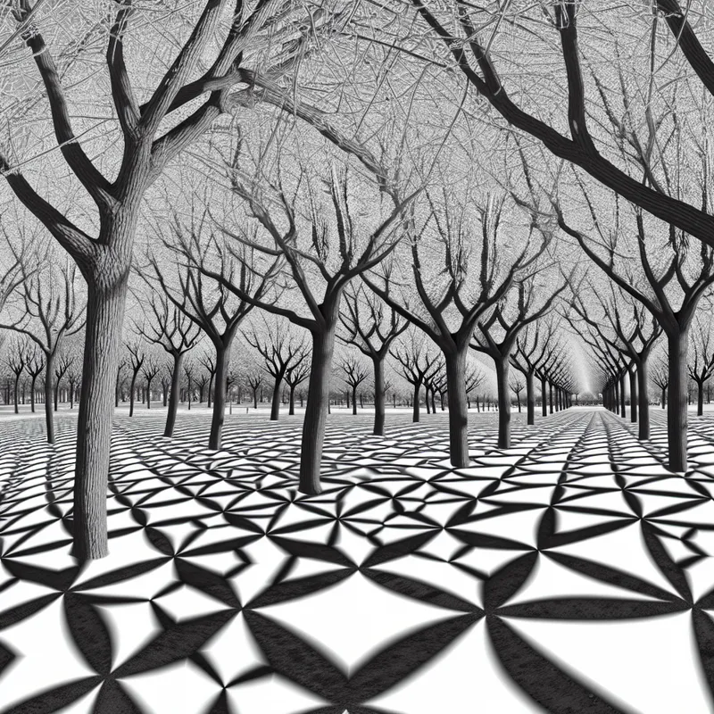 Surrealistische winterse parkscène met kale bomen in geometrische patronen geïnspireerd door M.C. Escher, zonder bladeren of bedekking