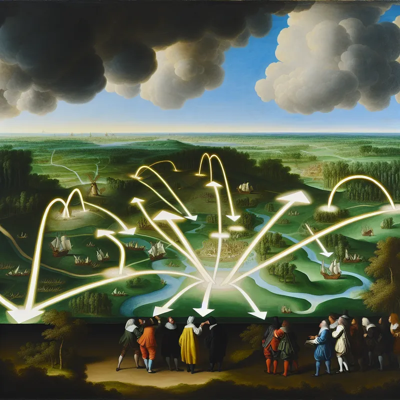 Groep mensen bestudeert een grote kaart in een groen veld onder een bewolkte lucht, met felgekleurde pijlen op de kaart.