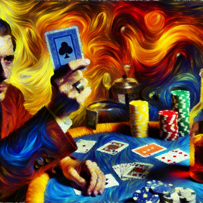 Speler aarzelt tijdens kaartspel en houdt een kaart achter in Van Gogh-stijl met expressieve penseelstreken