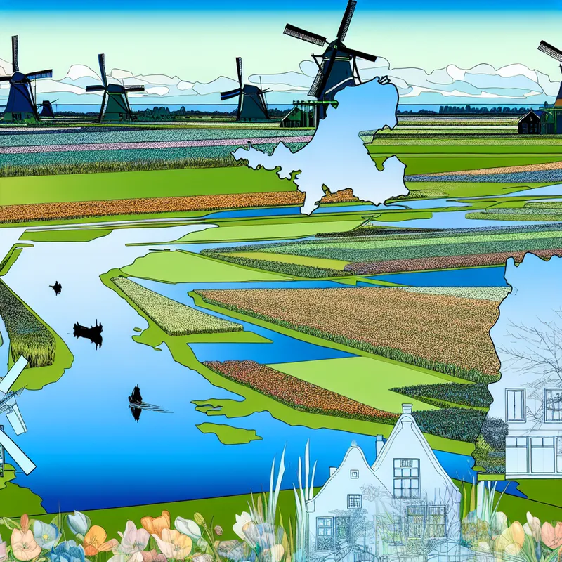 Illustratie van een kaart van het zuiden van Nederland met windmolens en kanalen