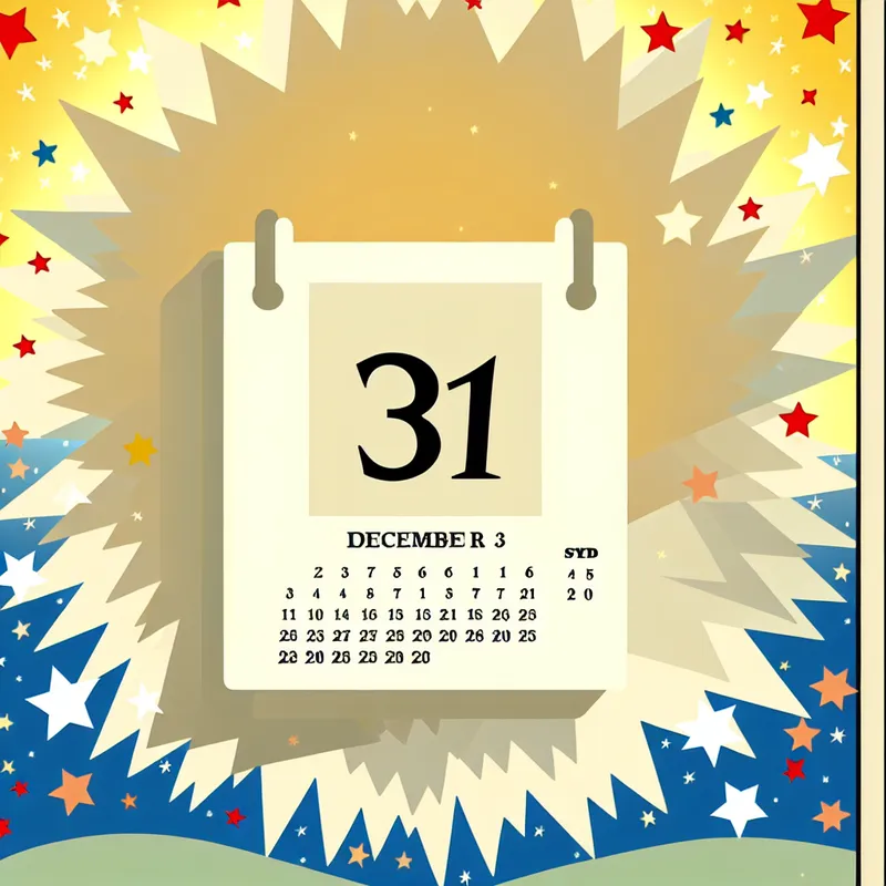 Minimalistische illustratie van een kalenderpagina met 31 december in een speelse, kinderlijke lettertype, omringd door feestelijke decoraties zoals sterren en confetti.