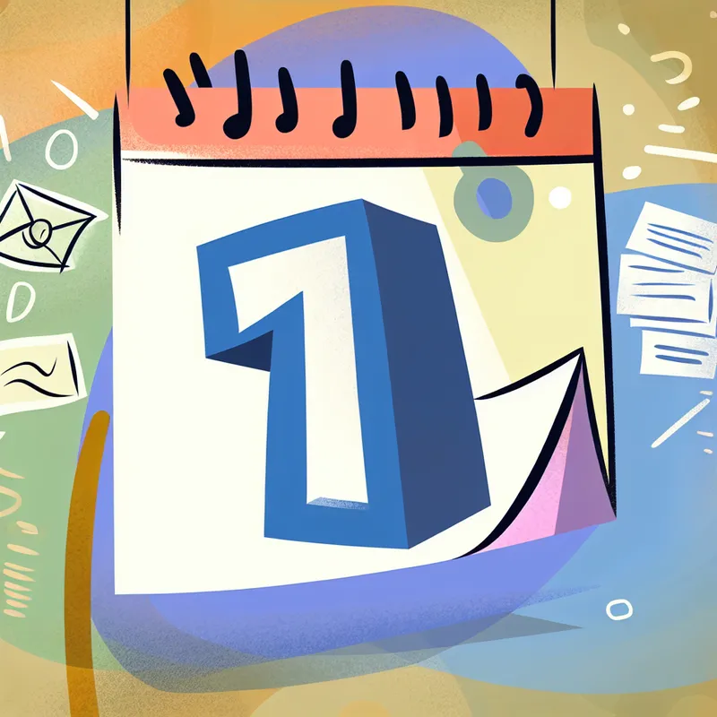 Een vrolijke illustratie van een kalender met de grote, vetgedrukte nummer '1' op een felgekleurde muur, omgeven door tekeningen van rekeningen en enveloppen.