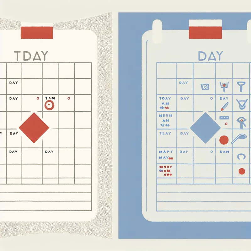 Minimalistische illustratie van een kalenderscherm met een paar taken voor vandaag en een eerdere dag vol taken, in een kinderlijke stijl.