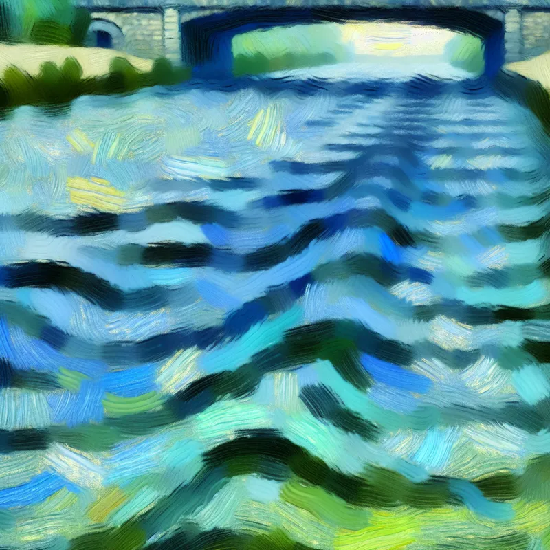 Abstract expressionistisch schilderij van een kalm stromende rivier onder een brug, met zachte golven en dromerige sfeer