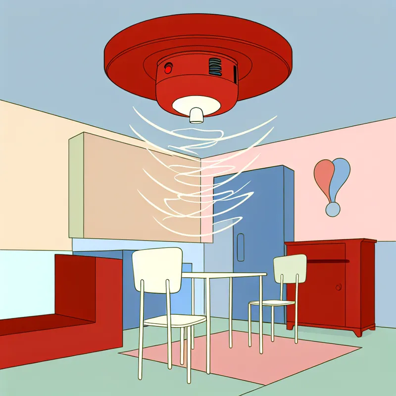 Illustratie van een kleine kamer met een rookmelder aan het plafond en een knipperende rode alarmbel die net is afgegaan, met geluidsgolven eromheen.