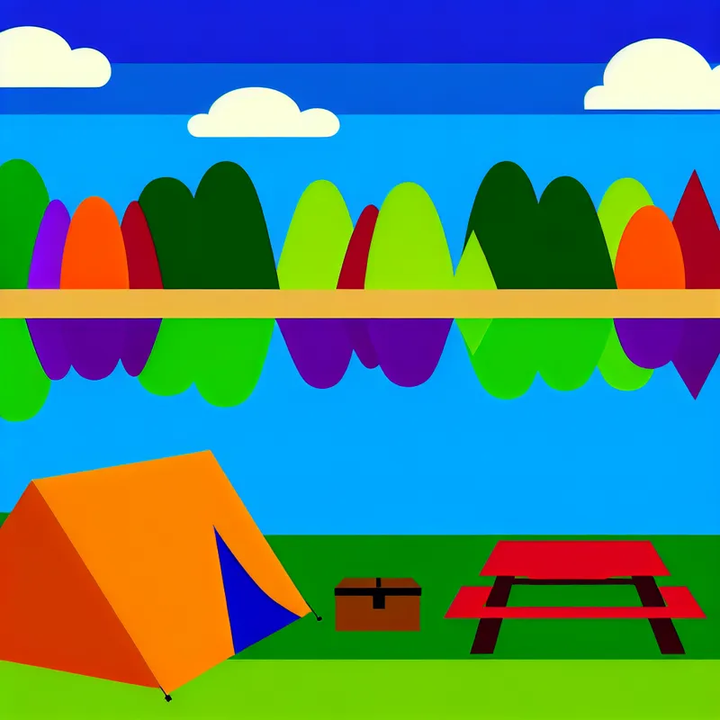 Minimalistische illustratie van een kampeerplek aan een rustige meer met een tent en picknicktafel.