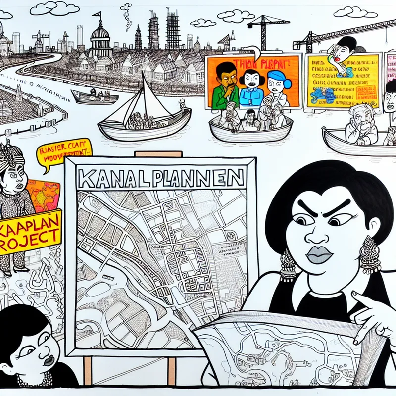 Cartoonachtige stadsgezichten die het concept van Kanalplannen in stedelijke ontwikkeling illustreren, met een planner die een kaart bestudeert.