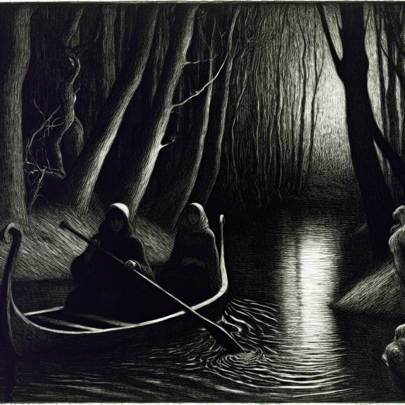 Koppel peddelt in een houten kano door een donker, mysterieus bos met een smalle rivier, in de stijl van Félicien Rops