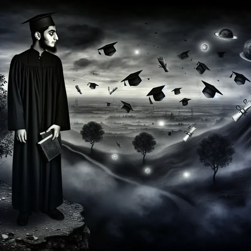 Een jonge persoon staat op de rand van een mistige klif, kijkend naar een landschap vol met zwevende boeken en afstudeerhoeden.