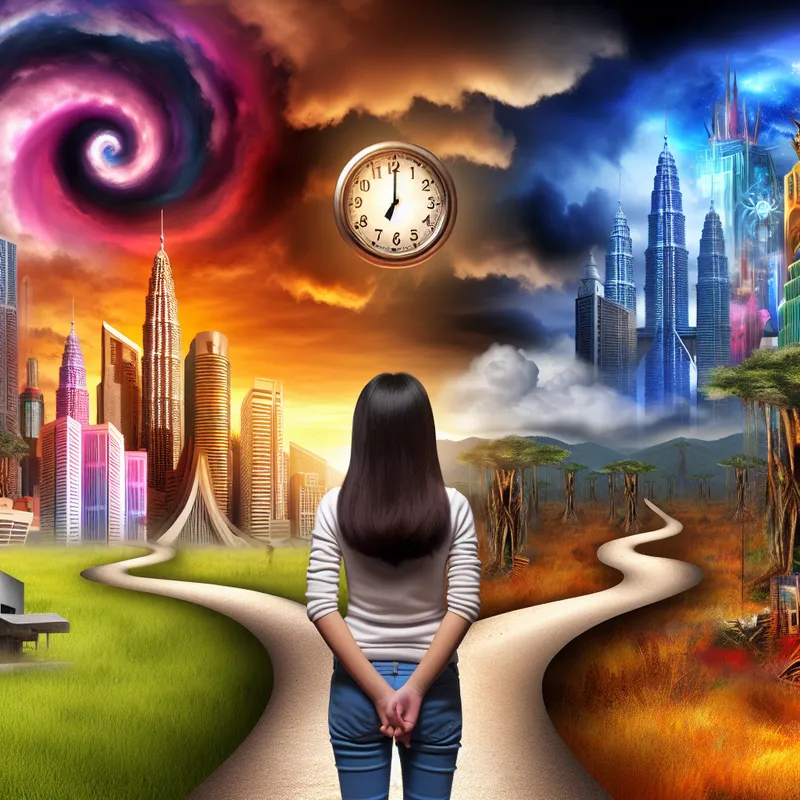 Een jonge vrouw staat op een kruispunt met twee paden, omringd door surrealistische gebouwen, terwijl ze nadenkt over kansen.