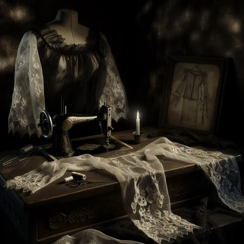 Gothische naaiatelier met een delicate blouse versierd met fijn kant op een antieke houten tafel, omringd door naalden, garen en een vintage naaimachine in gedimd licht