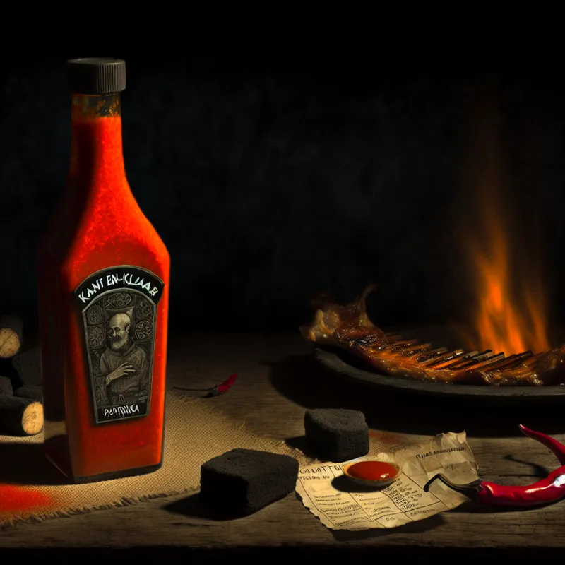 Donkere stilleven van een fles kant-en-klaar paprikasaus met gothische typografie op een roestieke houten tafel, omringd door gegrild vlees en houtskool in de stijl van Félicien Rops