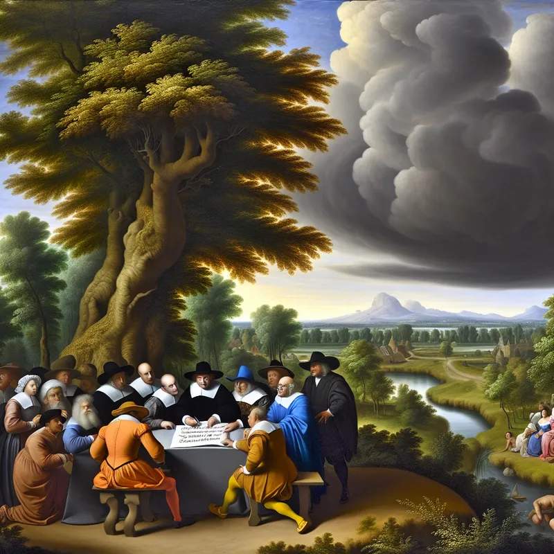 Een serene kantooromgeving in de natuur, waar nieuwe medewerkers een 'Regelgevend Document' ontvangen van een senior figuur onder een grote boom.