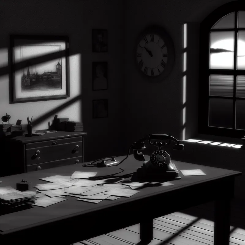 Een kantoor met een vintage telefoon op een bureau, avondschemering buiten