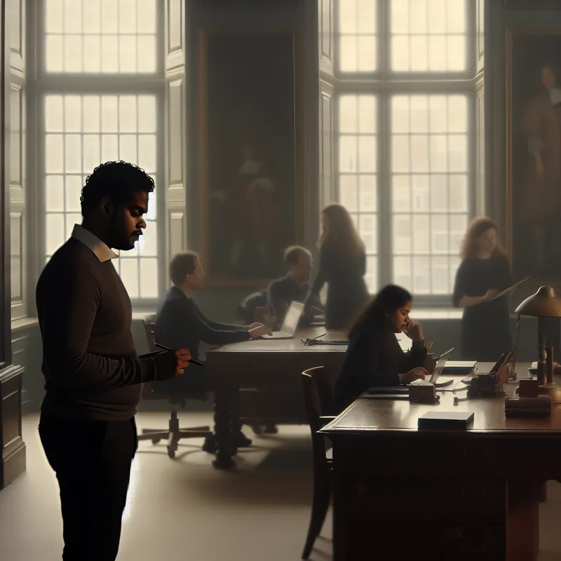 Een projectmanager leidt een team in een serene kantooromgeving met natuurlijk licht.