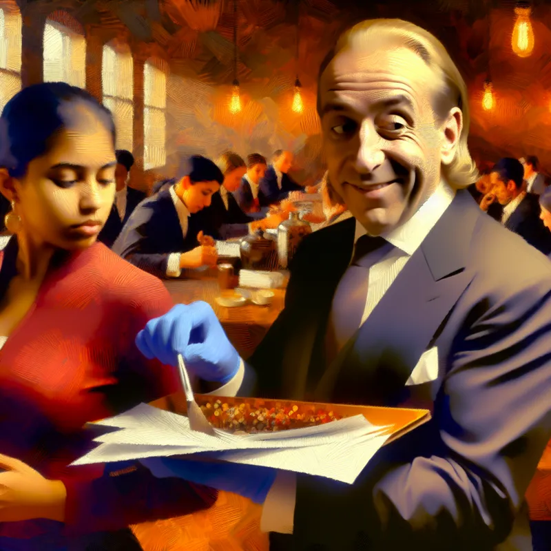 Kantoorscène in de stijl van Frans Hals waarin een collega een andere collega benadeelt door een misleidend document in diens werkruimte te plaatsen