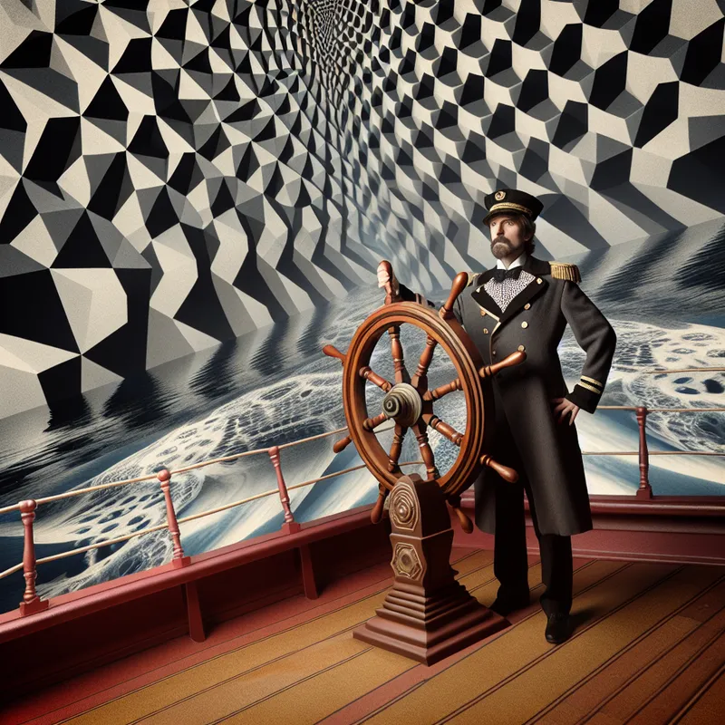 Surrealistische afbeelding van een kapitein als meester van een schip met onmogelijke geometrische patronen in de stijl van M.C. Escher