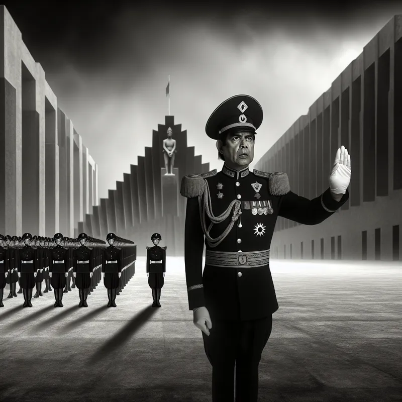 Hyperrealistisch schilderij van een kapitein in Nederlands militair uniform die een handgebaar geeft aan soldaten op een paradeplaats, surrealistische stijl van Carel Willink