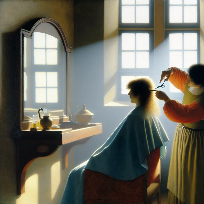 Een kapsalon interieur met een kapper die de uiteinden van het haar van een klant knipt, verlicht door zacht, natuurlijk licht.