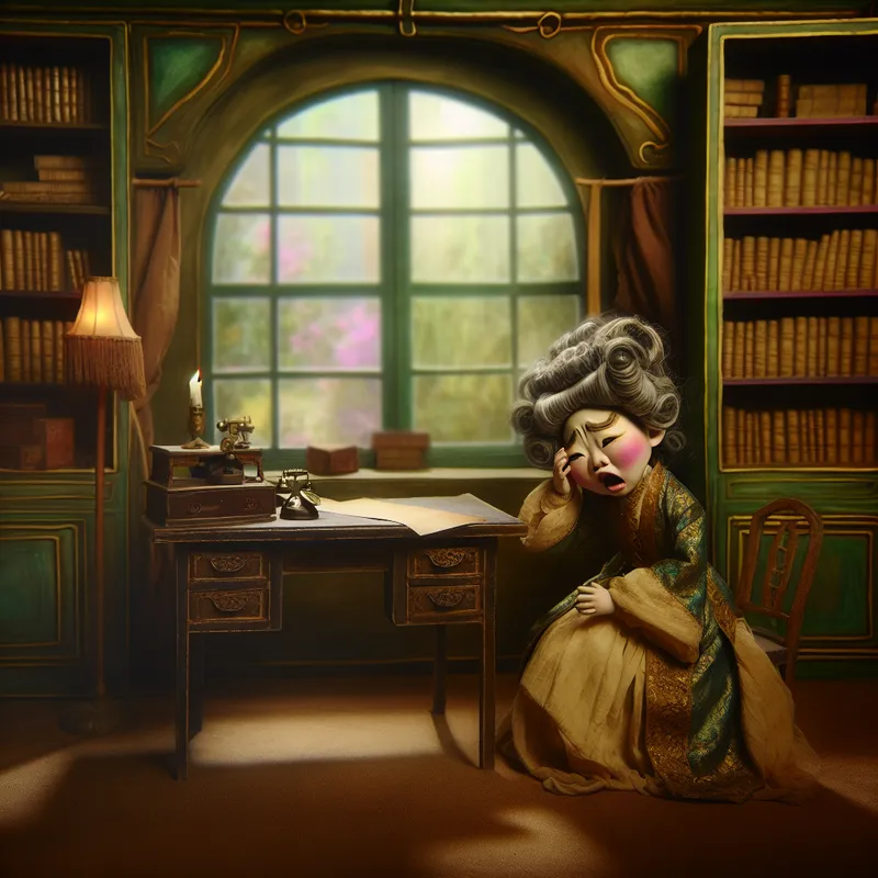 Een karakter in vintage kleding dat aan een bureau zit en zijn hoofd vasthoudt van ongemak, omringd door een betoverende kamer vol sprookjeselementen.