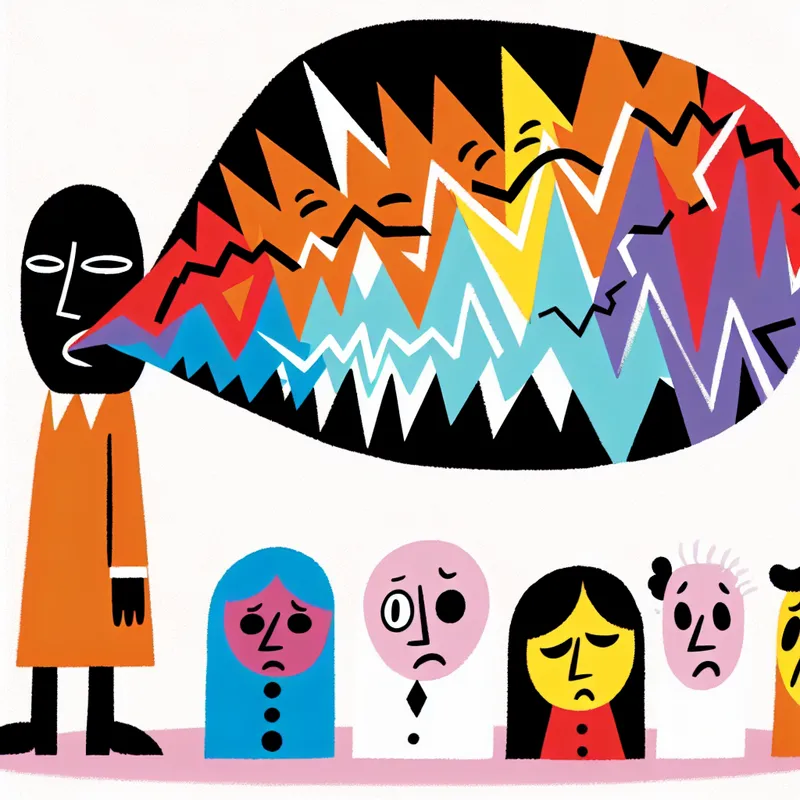 Minimalistische illustratie van een karakter in een sociale setting met scherpe opmerkingen, weergegeven door gekartelde geluidsgolven. Andere figuren reageren met verwonderde en ontevreden gezichten.